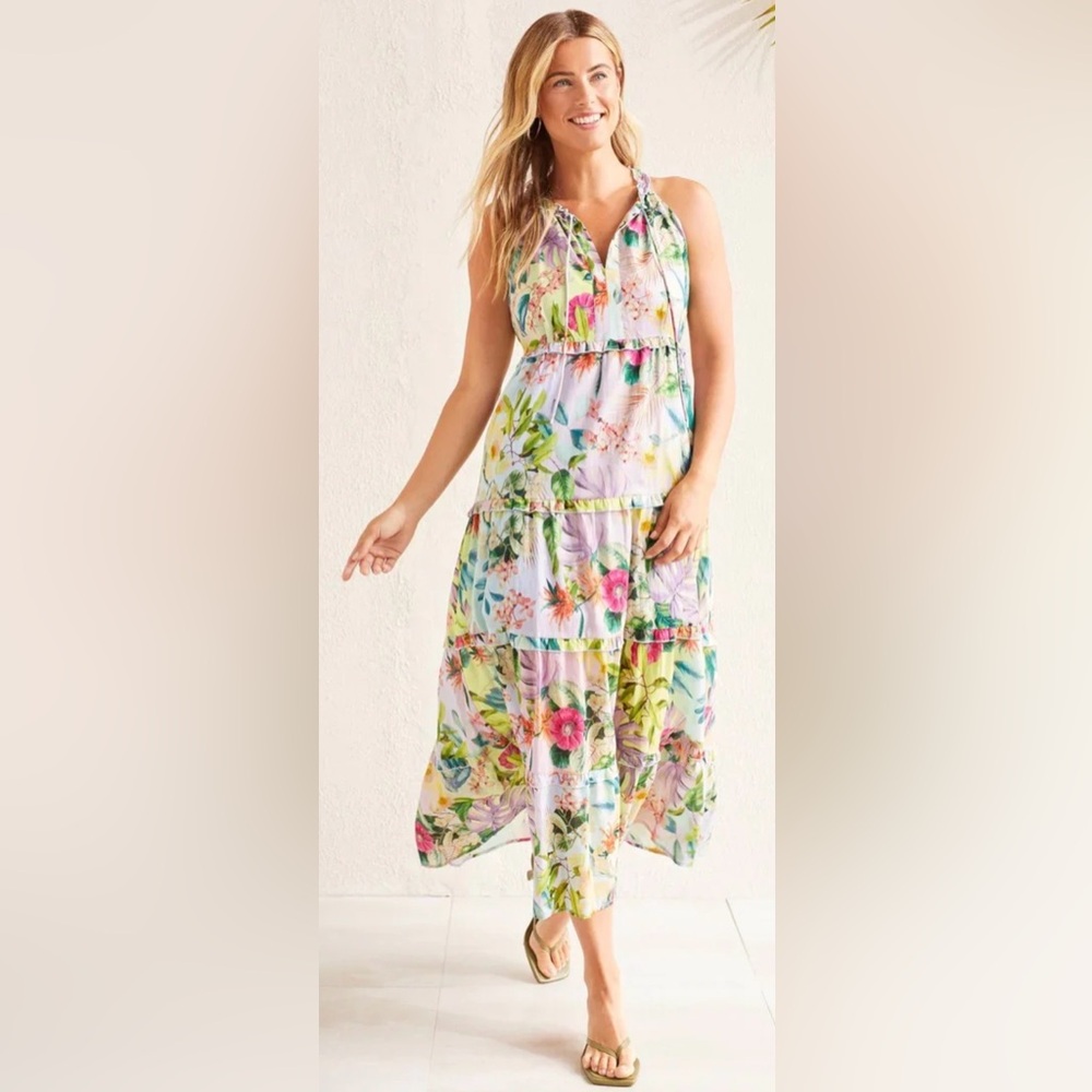 Tribal Tropical Vibes Cotton Maxi tiered floral dress size XS lined NWOT